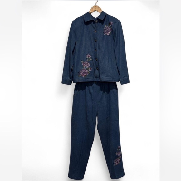 Vintage 90s Floral Embroidered Sequin Denim Jean Jacket & Pants Set, 12 Petite - Picture 1 of 16